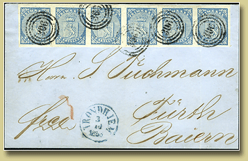 6-stripe Norge nr 1 på brev til Tyskland 1860.