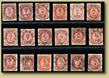 samling stempler på røde frimerker