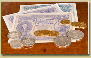 mynter og sedler på auksjon
